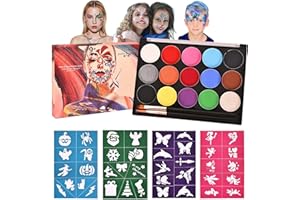 SKYYUE Trucchi per Viso Bambini Face Painting Kit, 15 Colori Trucco Viso Bambini Body Painting, Pittura Viso e Corpo con 2 Pennelli e 40 Stencil, Truccabimbi Professionali per Halloween Festa (1 PCS)