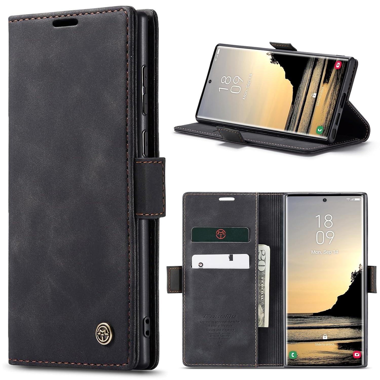 Azororo Beschermhoes voor Samsung Galaxy S25 Ultra 5G, premium lederen beschermhoes, portefeuille, flip case, magneetsluiting, beschermhoes voor Samsung Galaxy S25 Ultra, zwart
