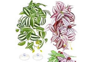 QUOZUO 2 Pack Reptile Plants for Terrarium, Artificial Leaves Habitat Decorations with Suction Cups, Terrarium Hanging Plants Vines for Bearded Dragons Lizards Snake Geckos Frogs - Purple and Green