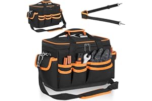 FREEAMG 30x25x19CM Sac à Outils avec 20 Poches et Grande Capacité, Sac de Rangement pour Outils avec Bretelles réglables, Double Fermeture Éclair, Base Rigide Imperméable
