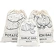 A&M Natural Living Potato Bag, Onion Bag and Garlic Bag Set of 3, 30cm x 40cm Onion Storage and Potato Storage, 20cm x 25cm Garlic Storage, Eco Friendly Cotton Material with Drawstring Closure