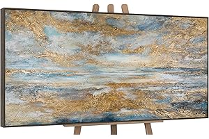 YS-Art Tableau fait à la main dans un cadre Baie d'or Paysage marin aube sur l'océan tons bleus et or Peinture abstraite Décoration 120x60 cm