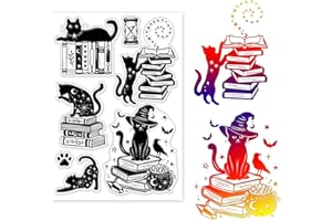 GLOBLELAND Timbri Trasparenti con Sfondo di Gatto e Libro Magico Timbri Trasparenti Decorativi per Gatti Timbri In Silicone per Realizzare Cartoline e Decorazioni per Album Fotografici