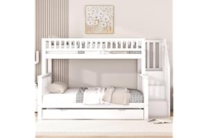 Moimhear Letto a castello per bambini 90 x 200 oltre 140 x 200 con letto a rotelle e scale, bianco (WX000306-M)