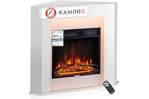 KAMINIO Camino elettrico Matti - Caminetto ad angolo con riscaldamento, effetto fiamma 3D, luce ambiente a LED, telecomando - Angolo (Bianco)