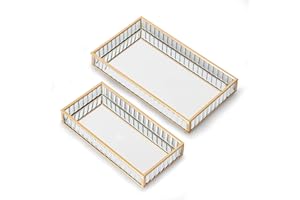 TERESA'S COLLECTIONS Złota Szklana Taca Toaletowa Zestaw 2 24x14/20x10cm Taca Kosmetyczna Taca Lustrzana Dekoracyjna Prostokątna Taca Lustrzana Organizer na Biżuterię Jak