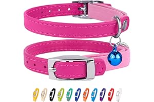 CollarDirect Skórzana obroża dla kota, obroża bezpieczeństwa dla kota z elastycznym paskiem, obroża dla kota z dzwonkiem, czarna, niebieska, czerwona, pomarańczowa, limonkowa zieleń (pasuje na szyję 15-18 cm, różowa)