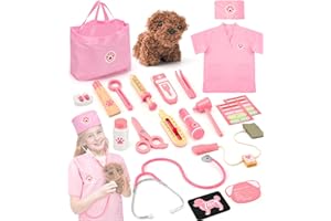 Ophy Malette Docteur Enfant, Bois Malette Docteur avec Chien en Peluche, Stéthoscope de Haute Simulation,Déguisement Docteur Enfant Jeux D'imitations Halloween Cadeau Enfants 3 4 5 6 Garçons Filles