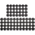 FRESHMINT 2 Piece Set Plaid Kitchen Mats for Floor Anti Fatigue Waterproof & Non-Skid Kitchen Rugs Cushioned Kitchen Mat for Standing Washable Comfort Desk Kitchen Runners, Black