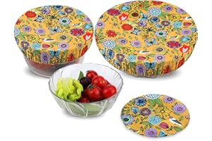 PHOGARY Coperchi riutilizzabili ecologici per contenitori di alimenti - 3 coperchi in tessuto regolabili impermeabili per insalatiera di vetro, vaso, meloni, bordo elastico, girasole