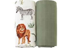 LEBZE LifeTree Manta Muselina, Manta Verano Bebé 120x120 cm, Súper Suave Mantas Envolventes de Muselina Recien Nacido, 70% Bambú & 30% Algodón, Safari y Verde Oliva