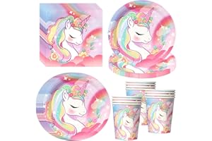PYAILI Set 52 pezzi tema unicorno Piatti, bicchieri e tovaglioli per feste, per 16 ospiti