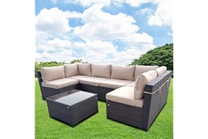 AZRBOPO 7 Piece Rattan Garden Furniture Set, 6 Seater Corner Sofa Outdoor Patio Wicker Corner Sofa Set with Coffee Table