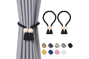 Pretty Jolly Ball magnetische Vorhang-Raffhalter aus Holz, Boho-Dekoration, Raffhalter, natürliche Baumwolle, handgewebt, für Fenstervorhänge für Zuhause und Büro, Schwarz, 2 Stück