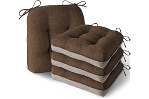 MineCozy Indoor Kitchen Chair Cushions Set of 4 Non Slip Tufted Chair Pads with Ties Thick Dining Room Dining Room Seat Cushions (40x40x10cm/16''x16''x4'') Coffee
