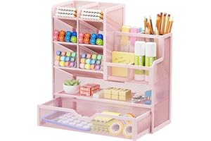 Marbrasse Mesh Desk Organiser,Stationary Organiser,Multifunctional Pen Holder,Desktop Storage and Drawer for Home Office(Pink)