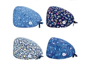 SIMYJOY 4 Pièces Casquettes Bouffantes avec Boutons Bandeau Réglable Casquettes de Travail Turban en Coton Bonnet Imprimées Chapeaux Unisexes