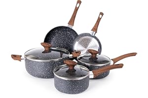 Non Stick Pots and Pans Set – Induction Hob Pot Set – 8pcs Kitchen Cookware with Lids – Cooking Marble Saucepan Pots and Frying Pans – by Nuovva