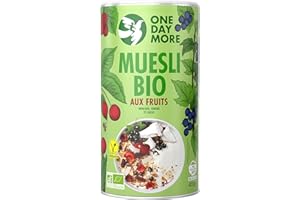 Muesli Bio aux Fruits OneDayMore 400g Vegan Sans sucre &arômes artificiels (Muesli Bio aux Fruits) Muesli riche en protéines& fibres Idéal pour bien démarrer votre journée!