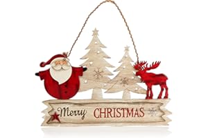 COM-FOUR® Decoración Colgante de Navidad - Letrero de Madera para Colgar con Papá Noel y Alce - Letrero de Madera para Puerta Navidad para Puerta, Ventana o Pared (Letras de Alces)