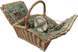 Arthur Cameron - Deluxe Wicker Picnic Hamper Set, Fully Equipped with 2 Wine Glasses, Plates and Cutlery Sets - 2 Person Picnic Basket Hand-Crafted from Full, Round Natural Wicker