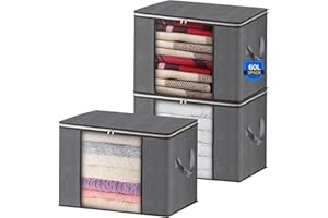 AIOR 3pcs Bolsa de Almacenamiento de Ropa Plegable, 60L Grandes Cajas de Almacenaje Ropa con Mango Reforzado, No-Tejida Organizador Guardar para Edredones Mantas, 55x35x32cm
