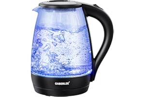 GABERLEE Electric Kettle, 1.7L, 2200W, Fast Boil Quiet Glass Kettle with Blue LED, Auto Shut-Off and Boil-Dry Protection, BPA-Free, Black