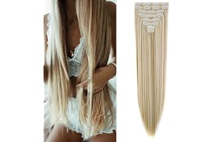 Cybelleza Extensiones de Clip de Pelo Natural Liso 60cm 8 Piezas Extensiones de Cabello Postizo Sintético Largo Cabeza Completa para Mujer (Rubio oscuro & Blanqueador rubia)