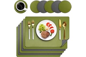 DELENTO Washable Place Mats, Set of 6, Leather Look Place Mats, Wipe Clean, Double-Sided Place Mats with Coasters for Kitchen, Home, Restaurant, 43 x 30 cm (Green and Grey)