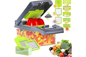 JOMBOFUN Vegetable Chopper with Container, 12-in-1 Multifunctional Veggie Chopper, 7 Blade Onion Chopper, Vegetable Cutter, Slicer, Grater, Mandolin Slicer with Container, Time-saving Kitchen Gadgets (Gray)