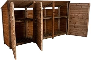 Arbor Garden Solutions wooden log store with doors 6ft, firewood storage (W-335cm, H-180cm, D-88cm), brown finish (With kindling shelf (roof sloping back))