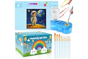 DARKWISH Kit pittura per bambini 3-in-1: tappetino in silicone 60x40cm + lavapennelli manuale + 10 pennelli acrilici, set sicuro e facile da pulire