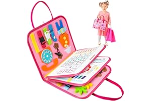KIMIMARA Busy Board Jouet Montessori - Planche Montessori Jouet pour Enfant Garcon Fille BéBé 1 2 3 4 Ans - Tableau d'Activités Apprendre Compétences de Vie Jouet Éducatifs pour Apprendre Motricité Fine (Rose)