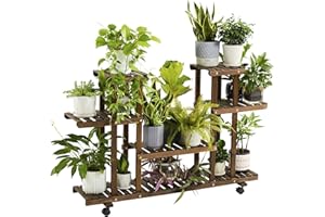 ‎YAHEETECH Yaheetech Pflanzenregal mit Rädern, Vierstufiges Blumenregal Balkon, Blumenständer, Blumentreppe, Massivholz, für Indoor & Outdoor, 124 x 33 x 80 cm