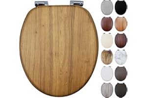 Fanmitrk Oak Wooden Toilet Seat with Soft Close Adjustable Solid Hinges, MDF Wood Oval Toilet Seat (Natural Oak Effect)