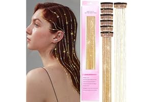 CWAWF Clip in Hair Tinsel Kit, 6Pcs 20Inch Heat Resistant Glitter Fairy Hair Tinsel Clip in Extensions, Shiny Sparkle Hair Accessories for Women Girls Kids (Golden)
