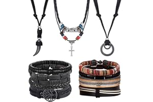 Kakonia 13Pcs Mens Bracelets Necklace Jewelry Set Adjustable Leather Bracelets Necklace for Men Black Brown Tribal Double Circle Pendant Necklaces Handmade Braided Bracelets