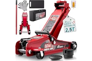 TRESKO Cric idraulico 2,5T altezza di sollevamento 85-385 mm con valigetta | Cric idraulico auto piatto per auto – Ruote a 360° con 2 cuscinetti in gomma, tappetino per ginocchia, guanti, coltello