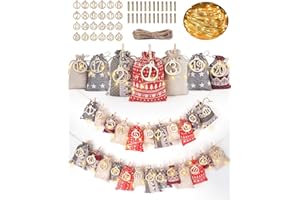 GRANDFUN Adventskalender zum Selber Befüllen Kinder Stoff: Bonus LED Geschenktüten Weihnachten Weihnachtskalender zum Befüllen, Adventskalender Tüten Säckchen, DIY Adventskalender 2024 Stoffsäckchen Befüllen
