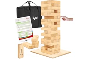 Toyfel Riski Tour à Bascule XXL 70 cm Bois Certifié FSC® Tour de Bois 54 Modules Sac de Transport, Plaque à Poser & Tableau des Scores Jeu d’Extérieur Captivant Jeu Tip Tower Toute la Famille