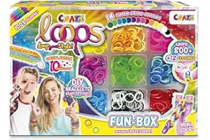 CRAZE loops FUN BOX - Loom Bänder Set mit 800 Gummibänder, Verschlüsse und Helfer - Halsketten, Ringe und Armbänder selber machen, Farbenmix