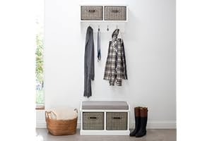 STATEMENT FURNITURE Tetbury White Hallway Set, 2 Seater Storage Bench, Hanging Shelf with Durable Grey Baskets and Cushion Seat, Fully Assembled Hallway Furniture (white G)