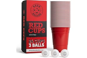 Coppe Rosse BEERBALLER® - 25 Tazze da Beer Pong e 3 Palline da Beer Pong | Lavabili in lavastoviglie e riutilizzabili | 473ml - 16oz Party Cups | Beer Pong Cups Set | Original American Beerpong Cups