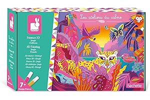 Janod - Peinture 3D - Thème Jungle - Les Ateliers du Calme - Kit Loisir Créatif Enfant - Peinture Or et Rose Fluo pour Enfant - Stimule Motricité Fine et Concentration - Dès 7 ans, J07950