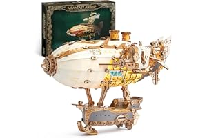 FUNPOLA LED Puzzle 3D en Bois Modèle de dirigeable - Steampunk Maquette en Bois à Construire avec lumières LED - Construction de maquettes de dirigeables pour Adultes (Blanc)