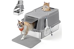 Feandrea Bac à Litière pour Chat, en Acier Inoxydable, avec Couvercle Basculant, Grande Taille, Design Étanche, Pelle, Brosse, Double Entrée, pour Chats Jusqu'à 15 kg, Gris Tourterelle PPT005G01