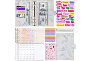 Budget Binder A6, AOTUAO 30pcs Leather Notebook Budget Binder with Cash Envelopes for Budgeting, Budget Binder with Zipper Envelopes, Money Organizer for Cash,Budget Sheets/Label Stickers-Lilac Marble