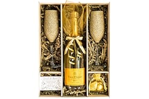 SPARKLEWARE Gold Veuve Clicqout 75cl Gift Set with matching Sparkling Gold Champagne Flutes & Chocolates - Gift Boxed