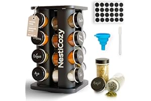 NESTICOZY Especiero giratorio cocina negro moderno 360° con 16 botes cristal herméticos etiquetas reutilizables organizador especias compacto para encimera despensa ahorro de espacio cocina limpia elegante