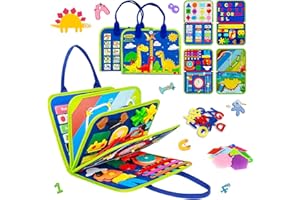 Beibeijia Libro Montessori Busy Board Niños 1 2 3 4 Años, Busy Board Montessori de Fieltro, Fieltro Tablero Sensorial Montessori, Busy Book con Cremalleras/Botones (Aventura de Dinosaurios)